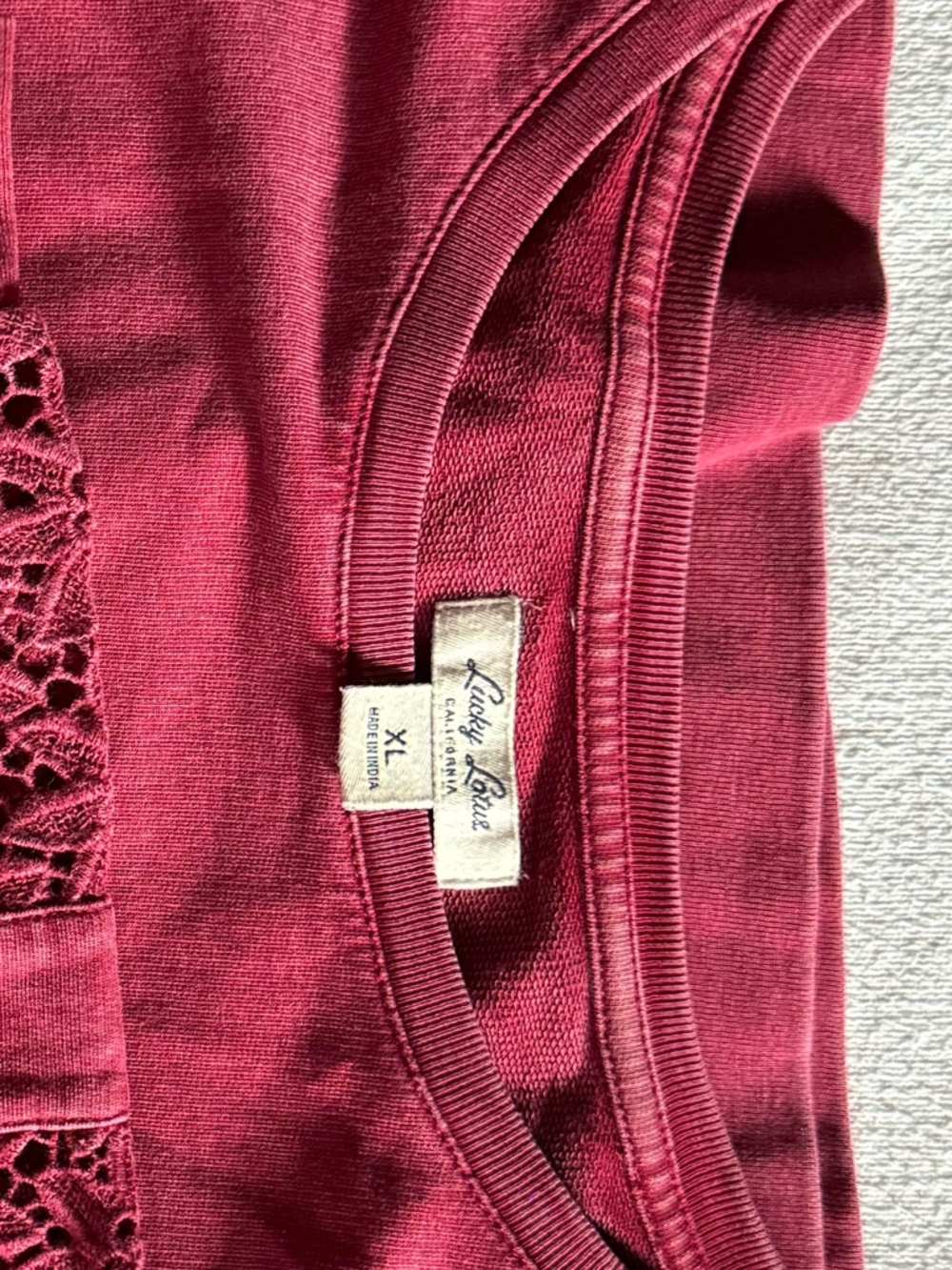 Lucky Brand Long Sleeve Tee with Crochet Sleeve Panels in Burgundy - Picture 2 of 3